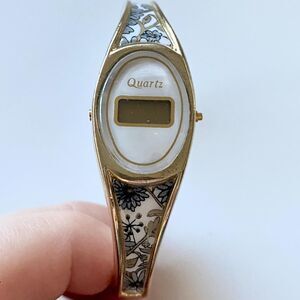 Vintage Quartz Bangle White & Gold Wrist Watch Cuff